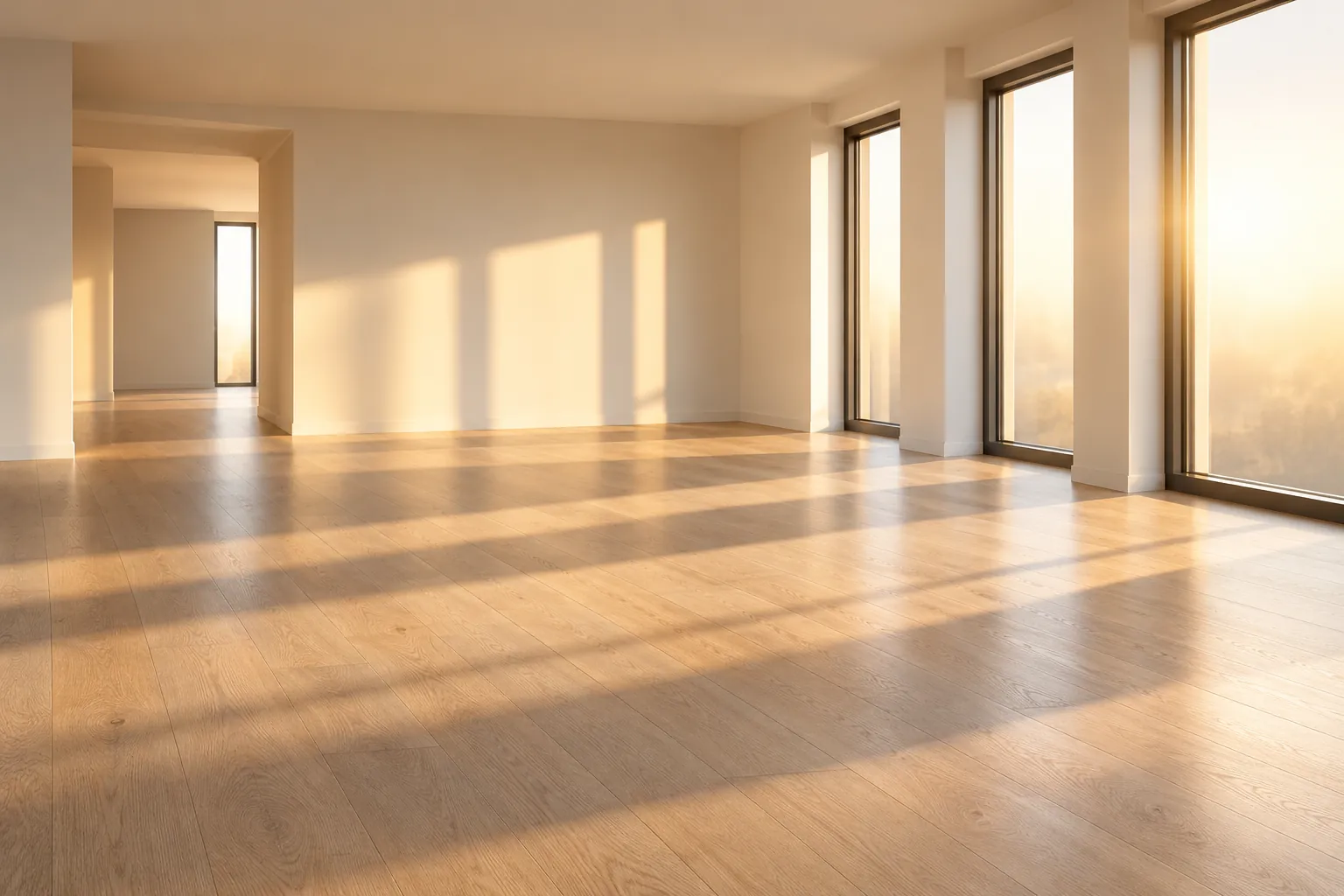 An empty, newly finished apartment in golden-hour light